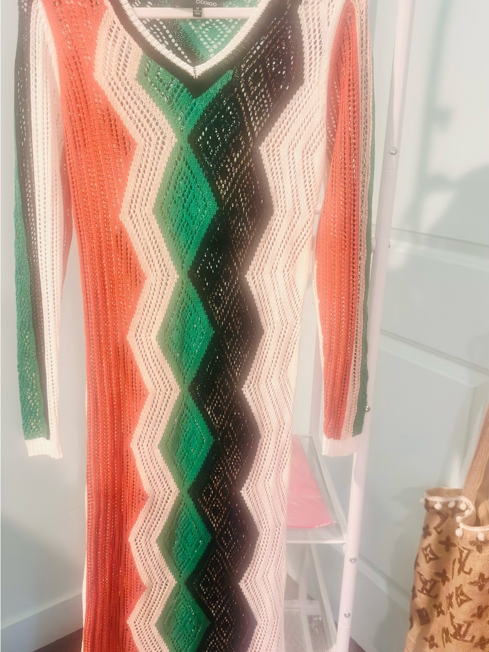 Open-Knit Chevron Maxi Dress with V-Neck in Green, Coral & Cream